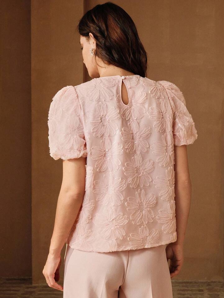 CM-TS228826 Women Elegant Seoul Style Pearl Embroidered Floral Mesh Round Neck Petal Sleeve Blouse - Pink