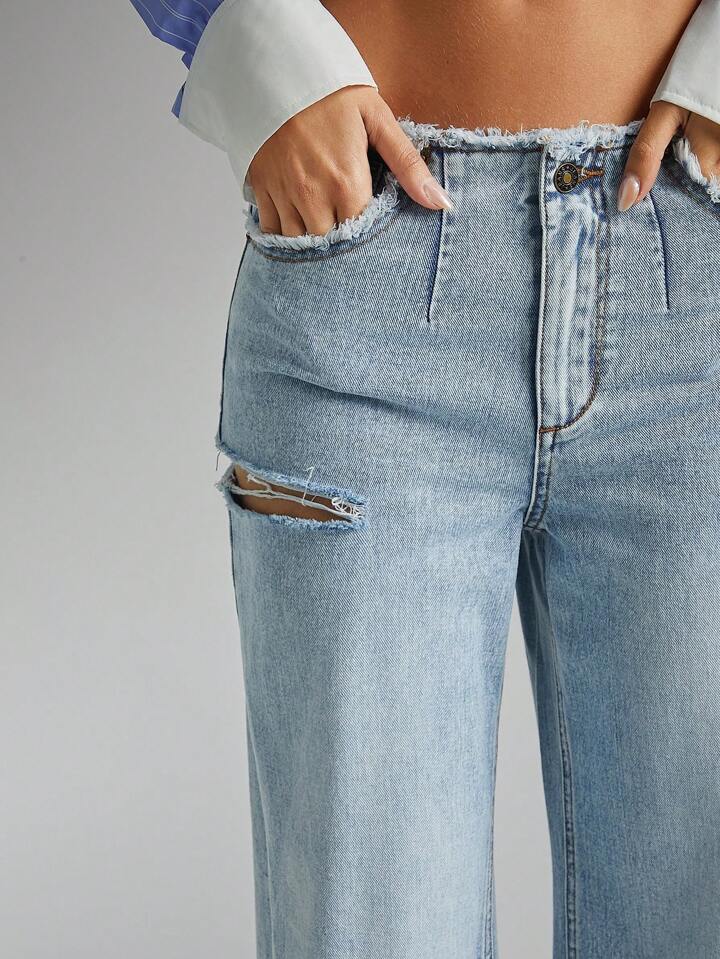 CM-BS628331 Women Casual Seoul Style Patchwork Fringe Pocket Distressed Wide Leg Loose Jeans