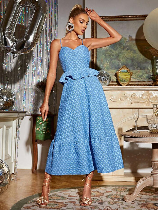 CM-DS261771 Women Elegant Seoul Style Backless Ruffle Decorated Spaghetti Strap Dress - Blue
