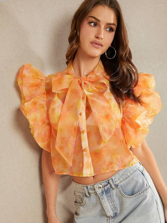 CM-TS591988 Women Casual Seoul Style Floral Organza Butterfly Sleeve Top