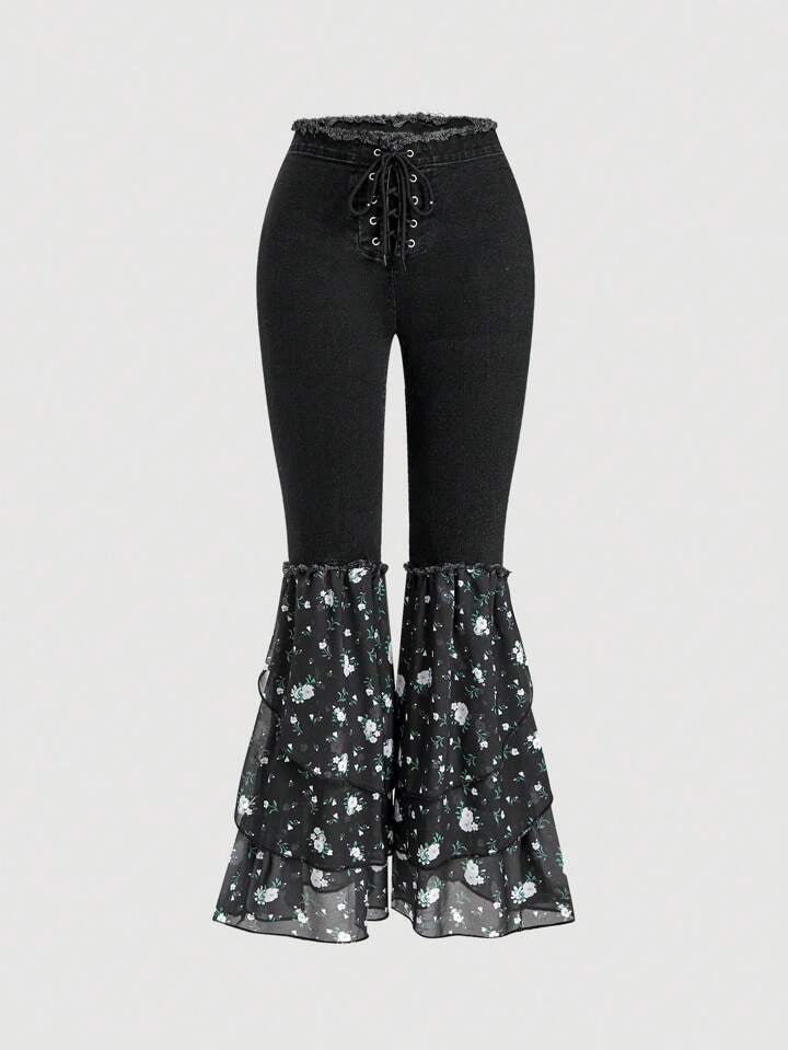 CM-BS192717 Women Casual Seoul Style Floral Print Patchwork Multi-Layer Mesh Hem Flare Jeans - Black