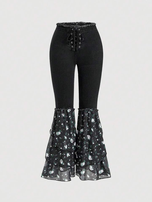 CM-BS192717 Women Casual Seoul Style Floral Print Patchwork Multi-Layer Mesh Hem Flare Jeans - Black