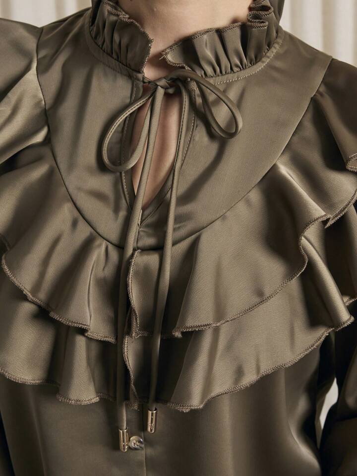 CM-TS920507 Women Elegant Seoul Style Keyhole Neckline Flounce Sleeve Satin Ruffle Blouse - Army Green