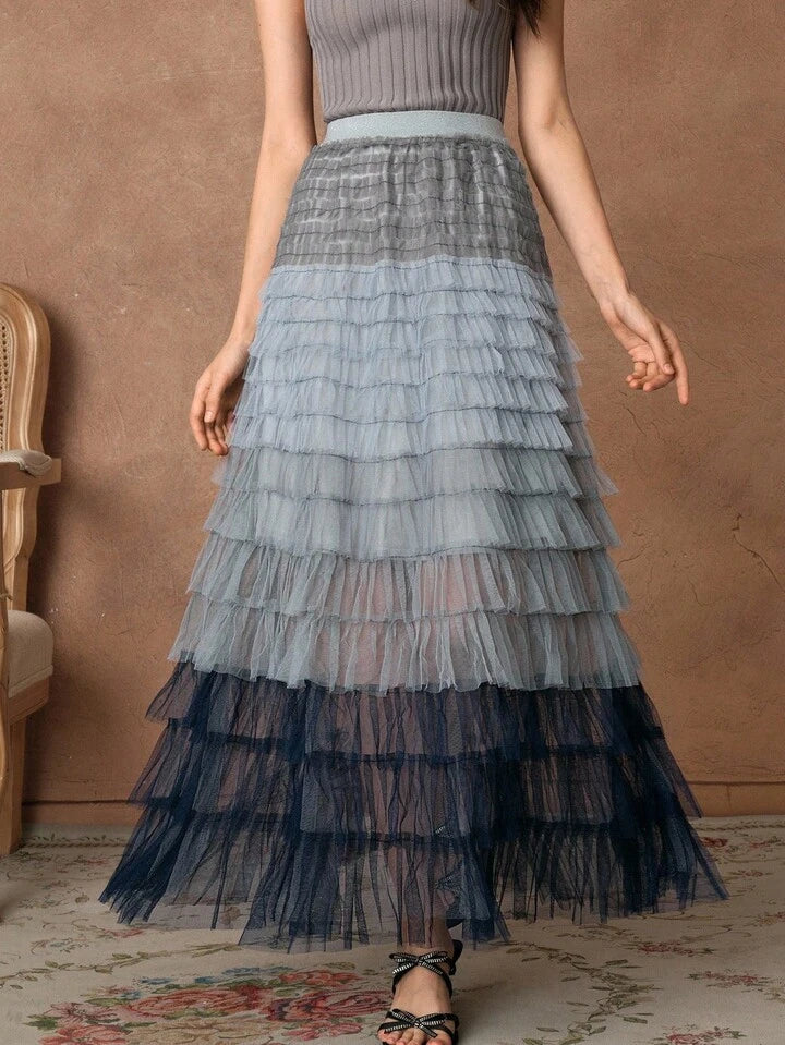 CM-BS336366 Women Elegant Seoul Style High Waist Gradient Mesh Contrast Cake Skirt Tulle Long Skirt - Blue