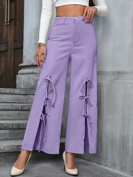 CM-BS070501 Women Casual Seoul Style Bowknot Decoration High Slit Wide Leg Pants - Purple