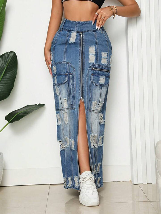 CM-BS238335 Women Casual Seoul Style Medium Wash Ripped Spit Thigh Denim Skirt