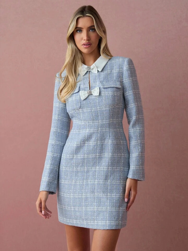 CM-DS788805 Women Elegant Seoul Style Plaid Print Bow Decor Collar Neckline Long Sleeve Mini Dress - Blue