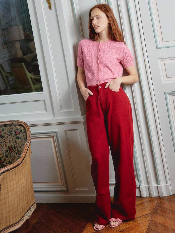 CM-BS311176 Women Casual Seoul Style Mid-Rise Fit Straight Leg Denim Trousers - Red