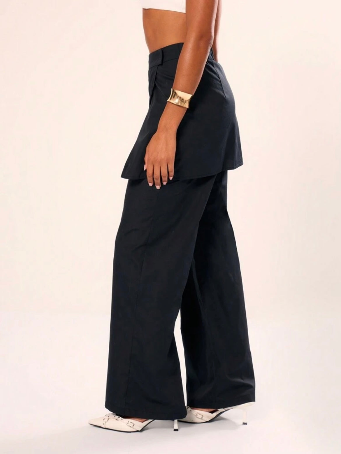 CM-BS759643 Women Casual Seoul Style Skirt Wrap Over Tailored Wide Leg Trousers - Black