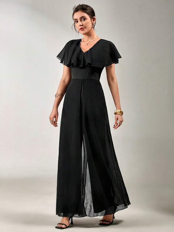 CM-JS857936 Women Elegant Seoul Style V-Neck Flounce Sleeve Ruffled Chiffon Jumpsuit - Black