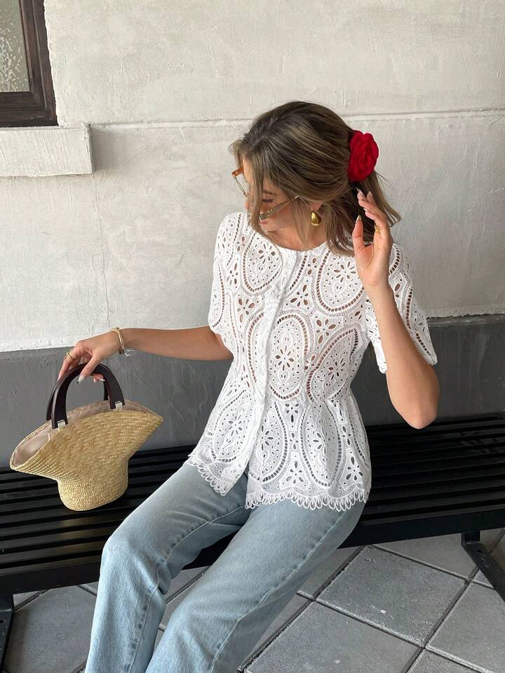 CM-TS522140 Women Casual Seoul Style Hollow Embroidered Floral Cropped Short Sleeve Top - White
