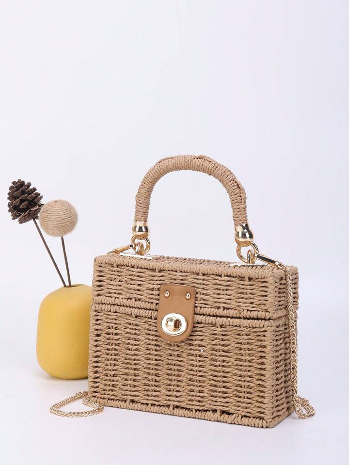 CM-BGS638723 Women Trendy Seoul Style Minimalist Twist Lock Flap Straw Bag - Camel