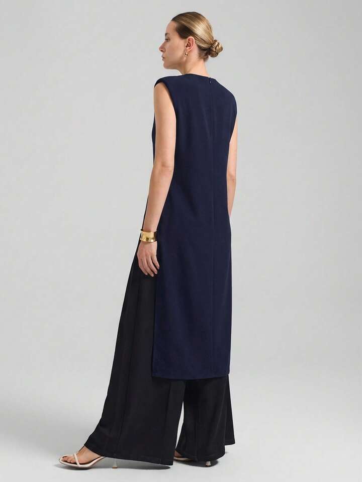 CM-TS650348 Women Casual Seoul Style Round Neck Wide Shoulder Sleeveless Asymmetric Hem Mid-Length Top - Navy Blue