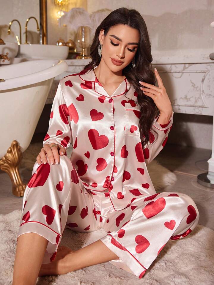 CM-LS986023 Women Trendy Seoul Style Heart Print Faux Silk Lapel Cardigan With Long Pants Pajama Set