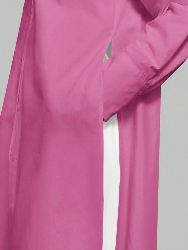 CM-TS834374 Women Casual Seoul Style Shirt Collar Long Sleeve Front Button High Slit Long Shirt - Purple