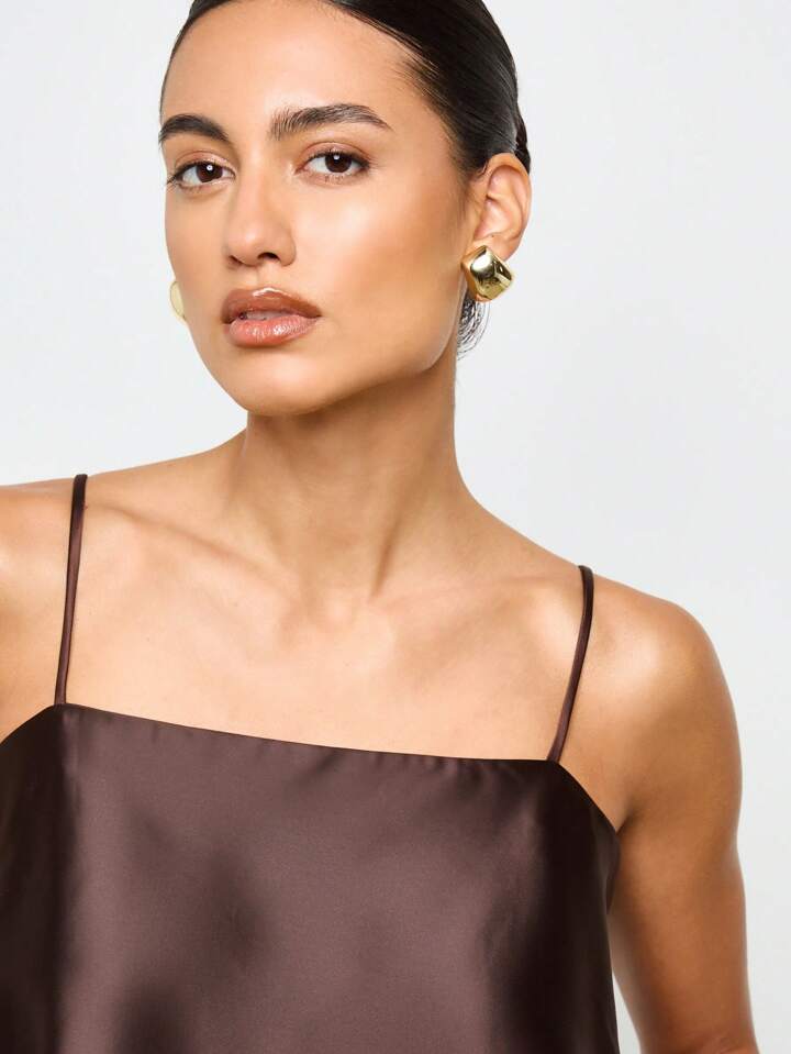 CM-TS962740 Women Casual Seoul Style Satin Spaghetti Strap Drape Backless Top - Coffee Brown