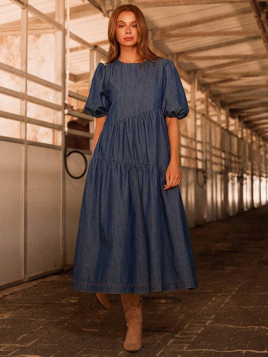 CM-DS516866 Women Trendy Bohemian Style Medium Wash Round Neck Puff Sleeve Asymmetrical Tiered Denim Midi Dress