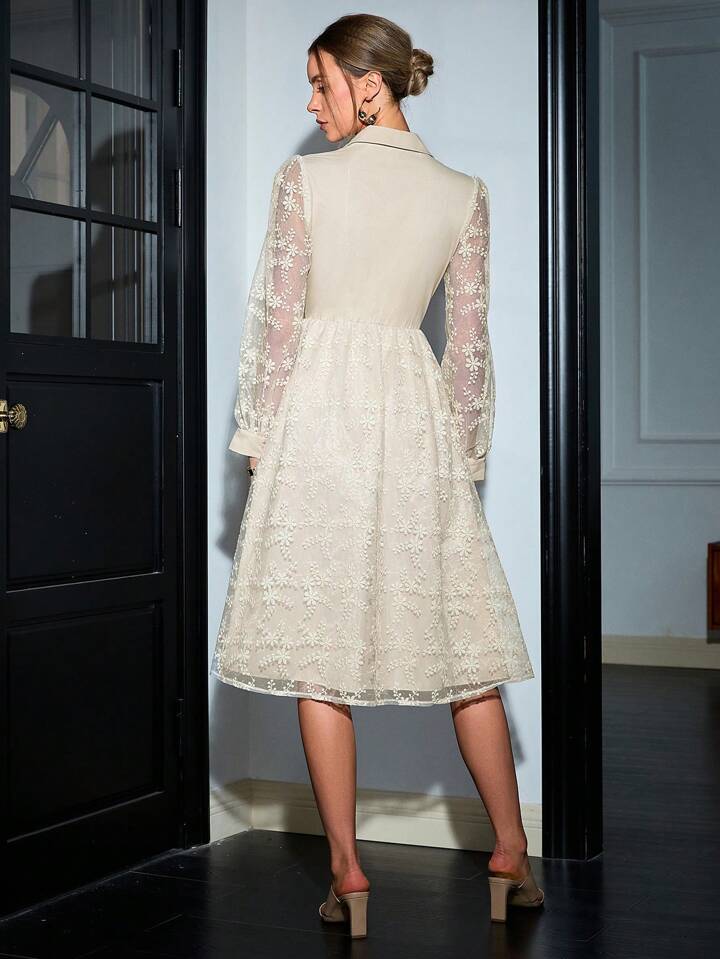 CM-DS645285 Women Elegant Seoul Style Embroidered Mesh Stand Collar Elastic Waist A-Line Dress - Apricot