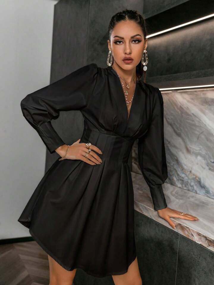 CM-DS107128 Women Elegant Seoul Style Deep V-Neck Irregular Hemline Dress - Black