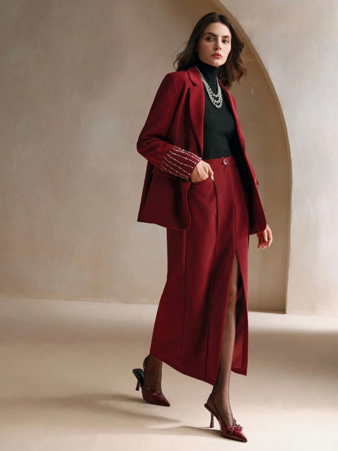 CM-SS977910 Women Elegant Seoul Style Lapel Neckline Colorblock Blazer Jacket With Slit Skirt - Set