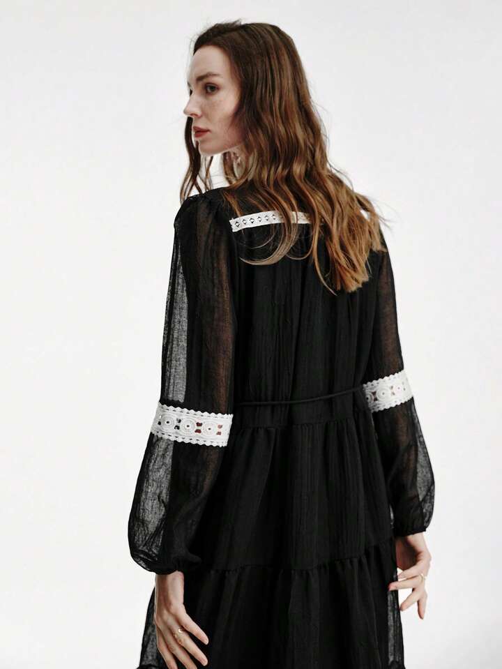 CM-DS567160 Women Casual Seoul Style Lace Contrast Color Chiffon Patchwork Lantern Sleeve Cinched Waist Cake Dress
