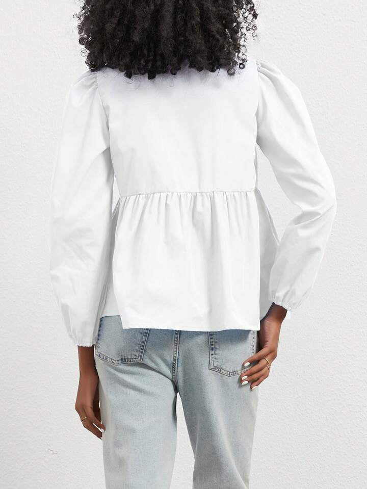CM-TS961973 Women Casual Seoul Style Print Ruffle Hem Tie Long Sleeve Shirt - White