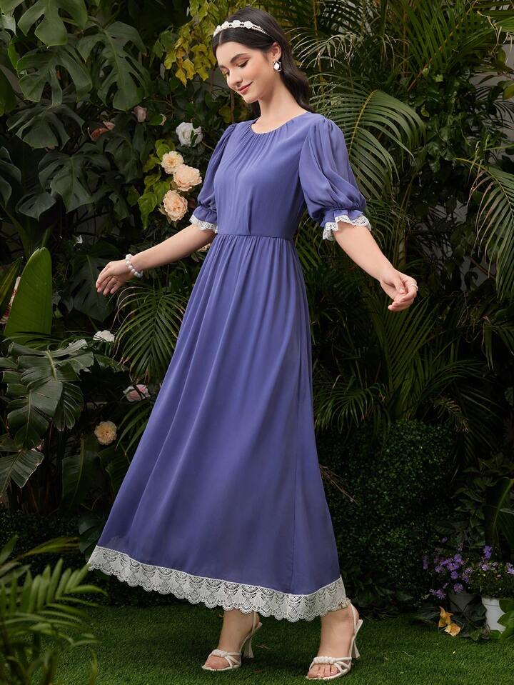 CM-DS187545 Women Casual Seoul Style Contrast Color Lace Trimmed Round Neck Dress