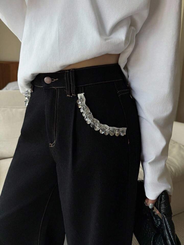 CM-BS337303 Women Casual Seoul Style Ribbon Decorative Pockets High Waist Extra Long Wide Leg Jeans - Black