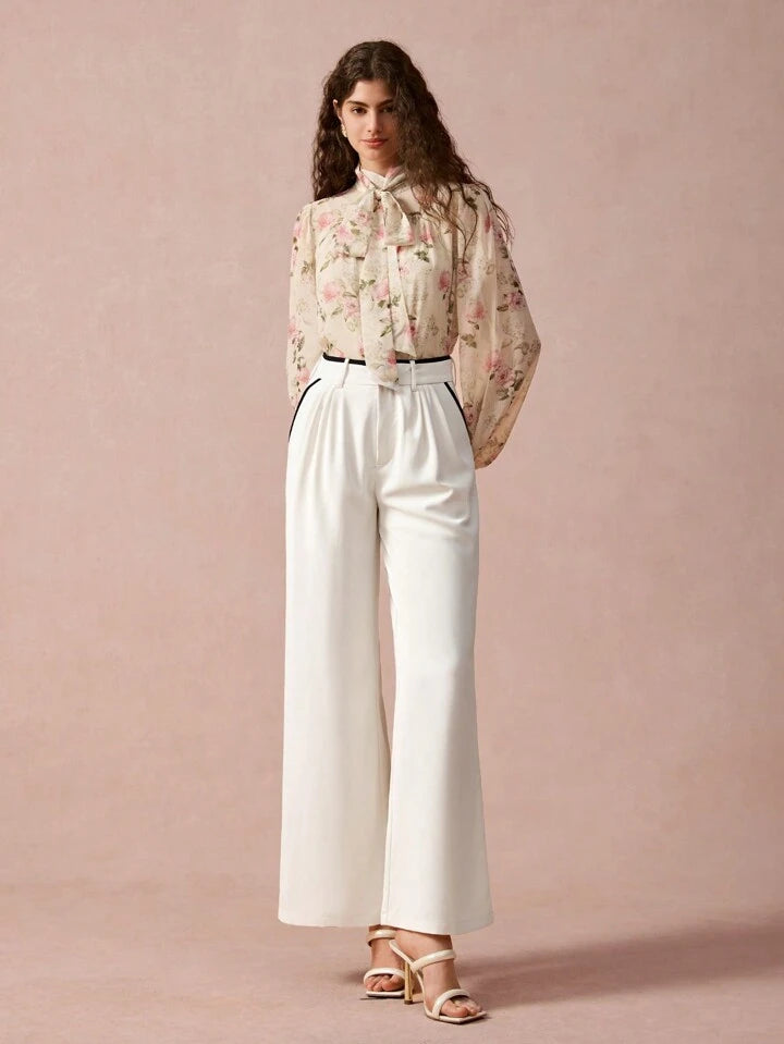 CM-BS976726 Women Casual Seoul Style Contrast Trim Slant Pocket Wide Leg Pants - Apricot