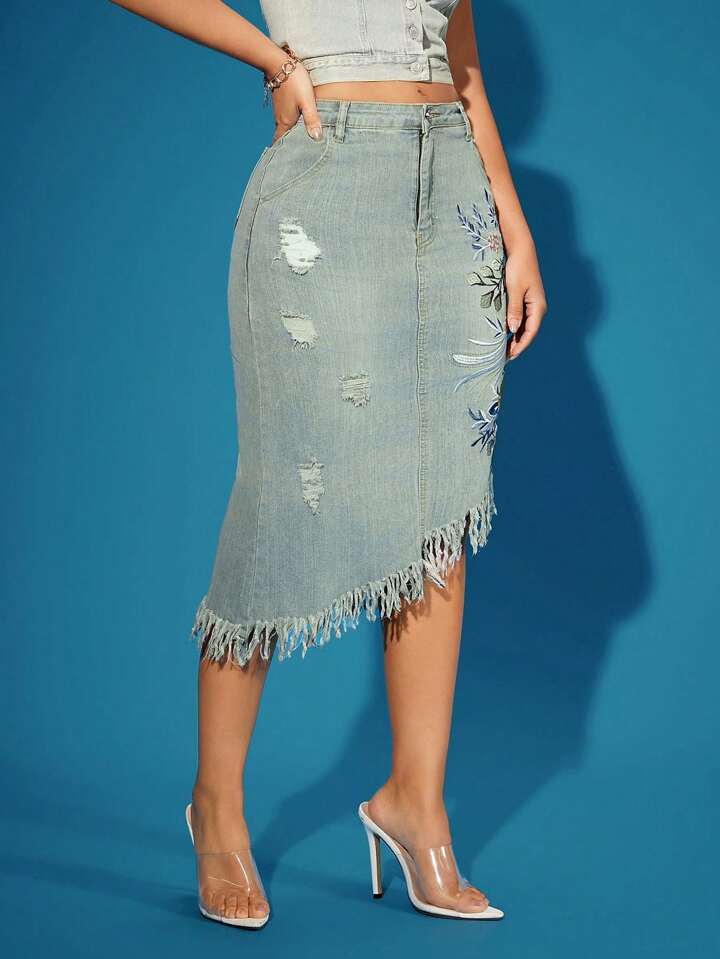 CM-BS338193 Women Casual Seoul Style Light Wash Embroidery And Washed Design Midi Denim Skirt