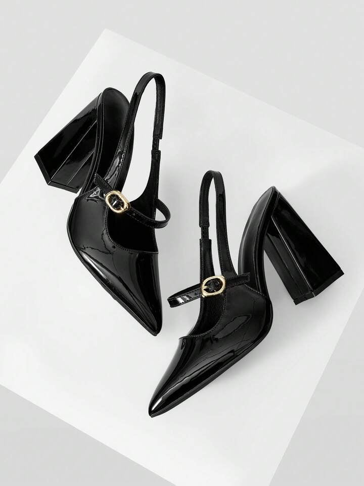 CM-SHS598797 Women Trendy Seoul Style Pointed Toe Buckle Design High Heels - Black