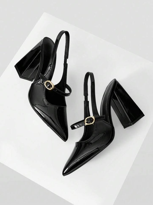 CM-SHS598797 Women Trendy Seoul Style Pointed Toe Buckle Design High Heels - Black