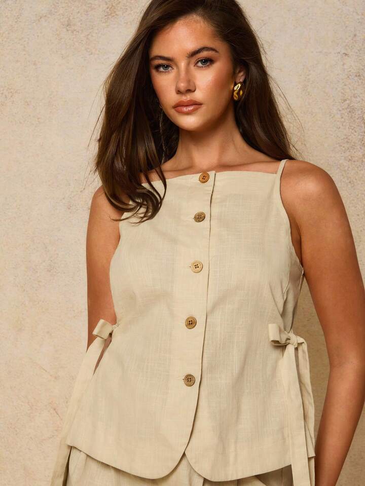 CM-SS765202 Women Casual Seoul Style Solid Color Wooden Button Camisole With Trousers Lounge - Sets