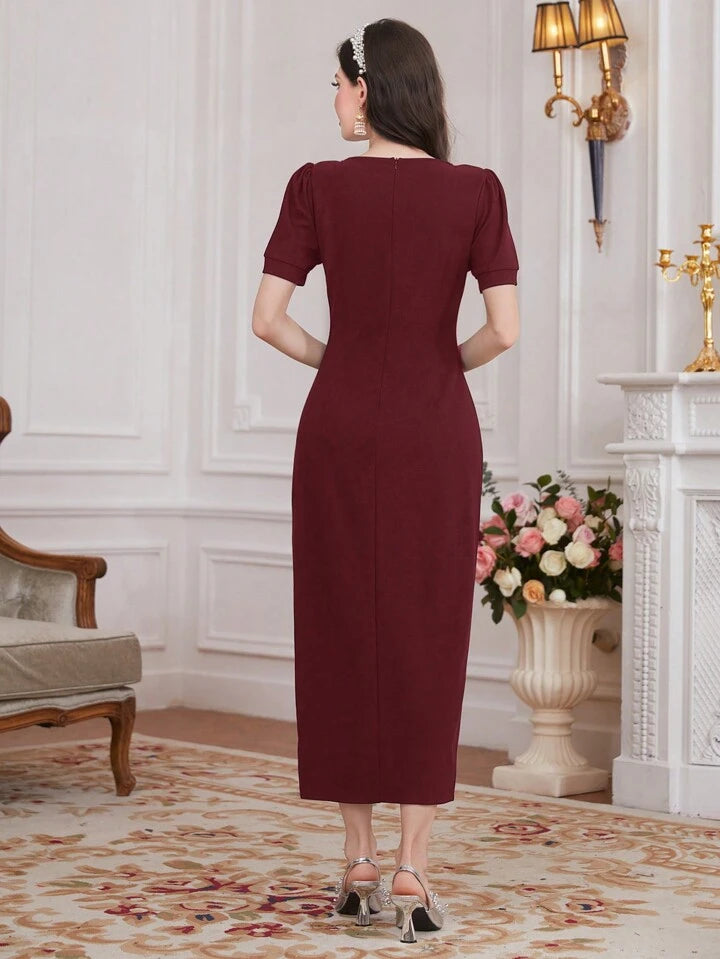 CM-DS510354 Women Elegant Seoul Style Rhinestone Stud Embellished Split Hem Maxi Dress