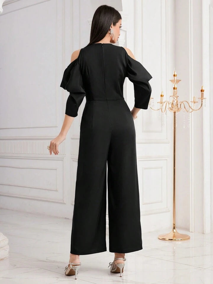 CM-JS435566 Women Elegant Seoul Style V-Neck Off Shoulder Half Sleeve Jumpsuit - Black