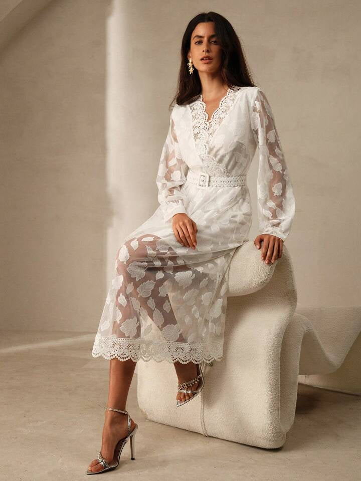 CM-DS009215 Women Elegant Seoul Style Lace Hollow Out Floral Cut V-Neck Puff Sleeve Cinched Midi Dress