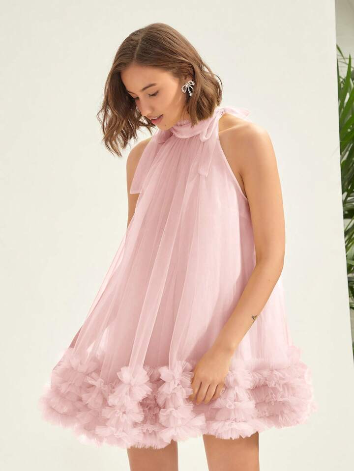 CM-DS049701 Women Elegant Seoul Style Multi-Layered Mesh Halter Neck Dress - Pink