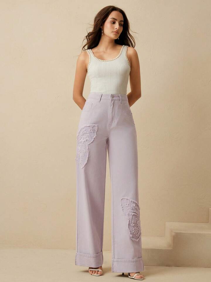 CM-BS337353 Women Casual Seoul Style Mid Waist Embroidered Straight Leg Jeans - Purple
