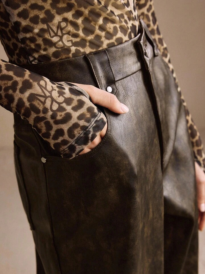 CM-BS445211 Women Elegant Seoul Style Mid Waist PU Leather Cargo Straight Leg Pants - Brown