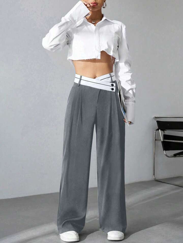 CM-BS040101 Women Casual Seoul Style Asymmetrical High Waist Straight Leg Pants - Gray