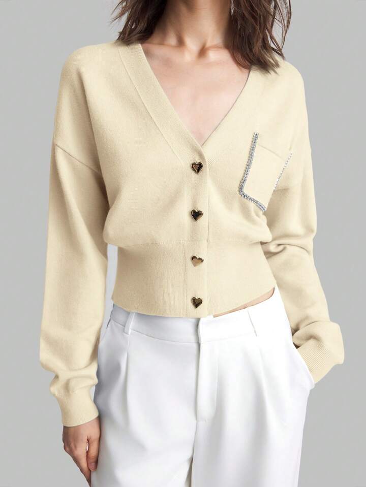 CM-CS143446 Women Casual Seoul Style Heart Shaped Button Front Cardigan - Apricot