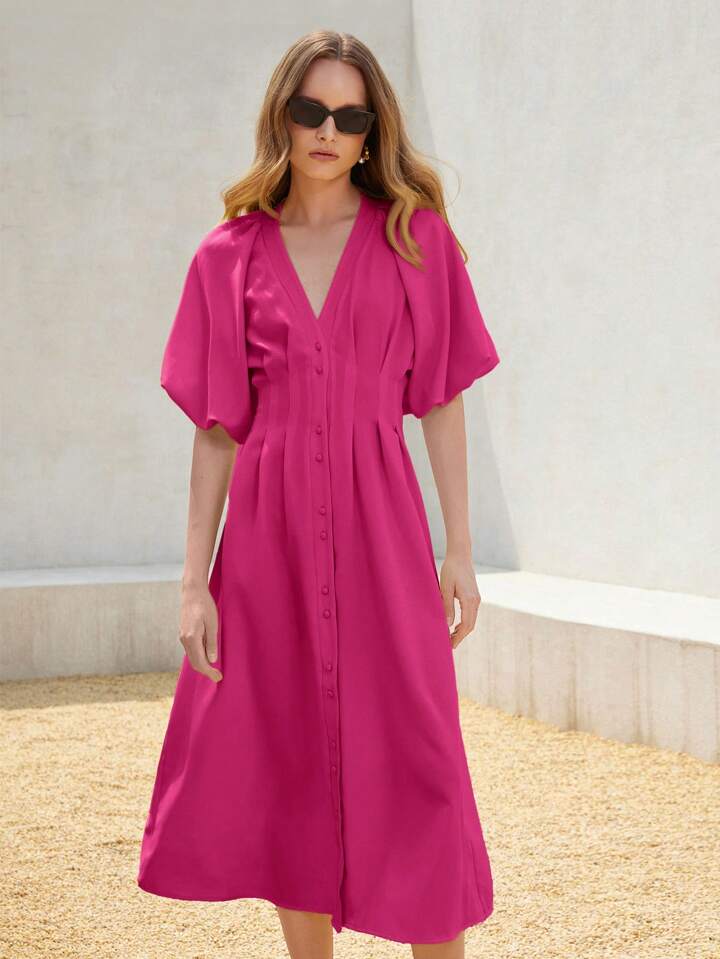 CM-DS242766 Women Elegant Seoul Style Solid Color Chiffon Cinched Waist Puff Sleeve Open Front Long Dress - Purple