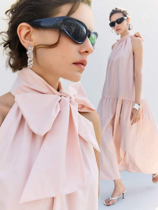 CM-DS178358 Women Casual Seoul Style Tie-Up Halter Sleeveless A-Line Pleated Hem Long Dress - Baby Pink