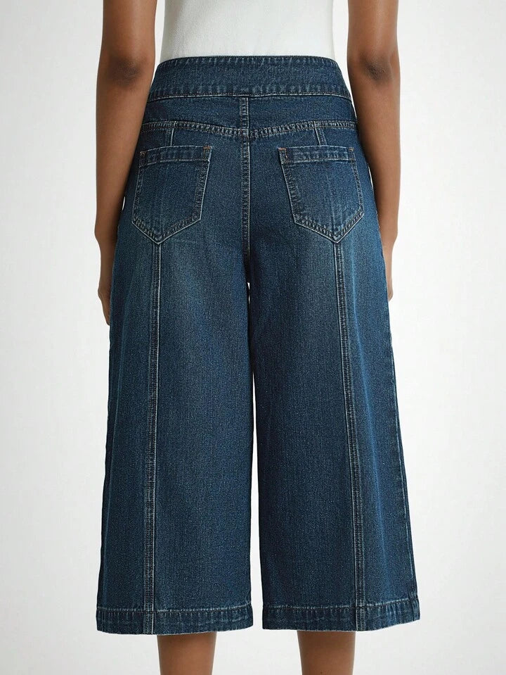 CM-BS200792 Women Casual Seoul Style Button Front Pocket Wide Leg Loose 7/8 Length Jeans