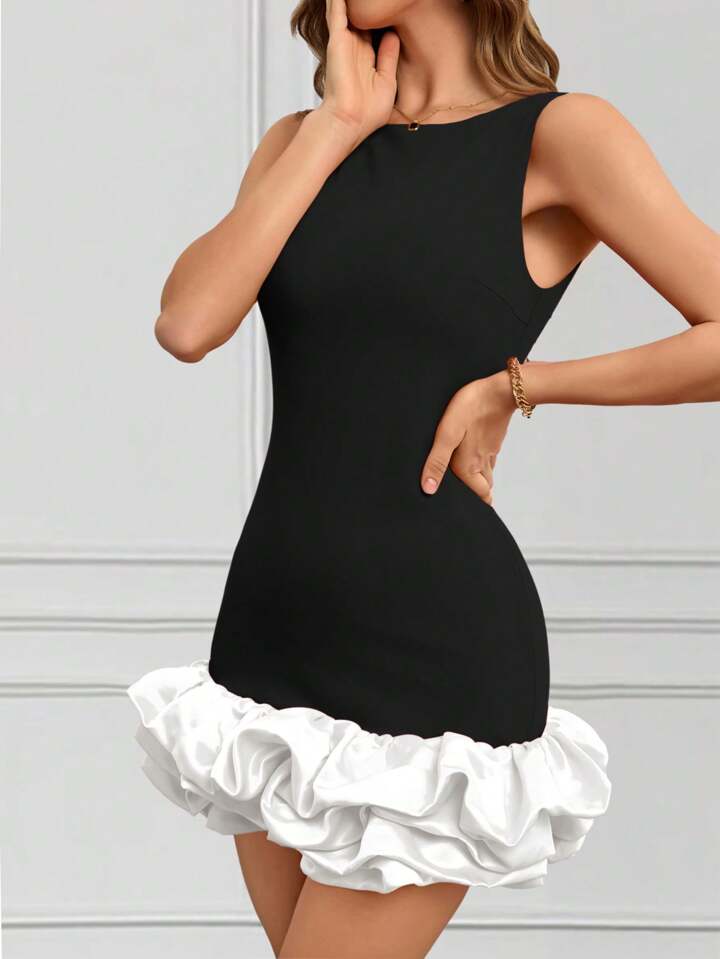 CM-DS382544 Women Elegant Seoul Style Round Neck Sleeveless Ruffle Hem Short A-Line Dress