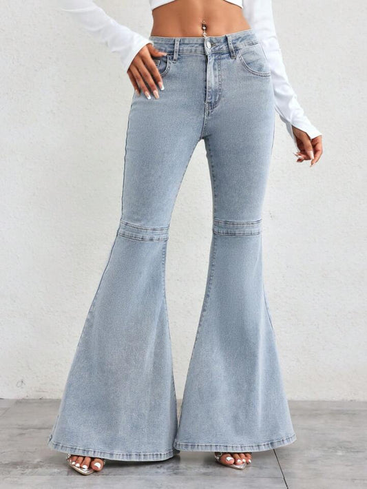 CM-BS254351 Women Casual Seoul Style Light Wash Slant Pocket Skinny Flare Leg Jeans