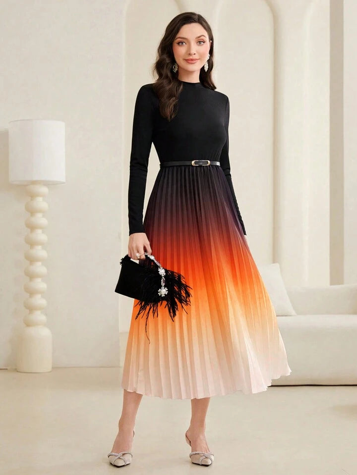 CM-DS739929 Women Elegant Seoul Style Stand Collar Gradient Ruffle Hem Midi Dress