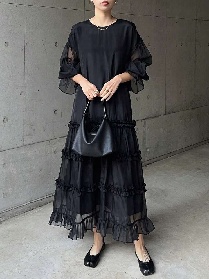 CM-DS872665 Women Casual Seoul Style Round Neck Mesh-Sheer Panel Ruffle Hem Loose Fit Long Dress - Black
