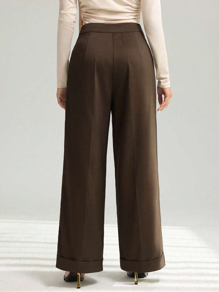 CM-BS934660 Women Casual Seoul Style Metal Buckle Waistband Rolled Hem Wide Leg Pants - Coffee Brown