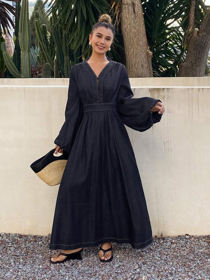 CM-DS647787 Women Casual Seoul Style V-Neck Ruched High Waist Puff Sleeve Denim Dress - Blue